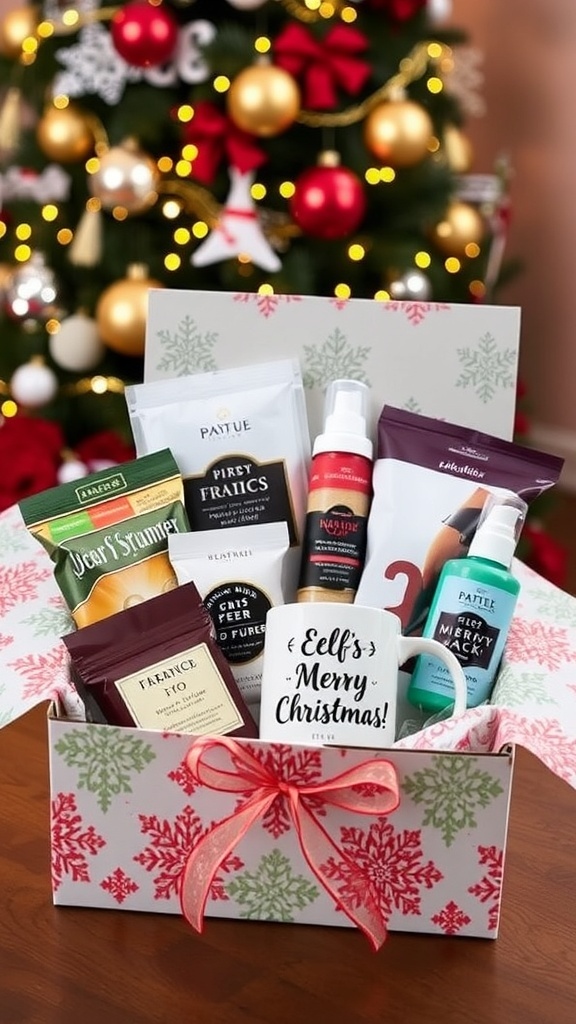 Creative Christmas Gift Box Ideas for Your Boyfriend A festive Christmas gift box overflowing with snacks, a mug, and self-care items, surrounded by holiday decorations.